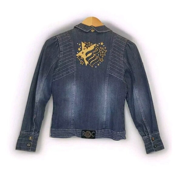 Rocawear Denim Jacket Girl Large 10/12 Medium Wash Magenta Satin Lined Y2K Retro - Picture 2 of 16